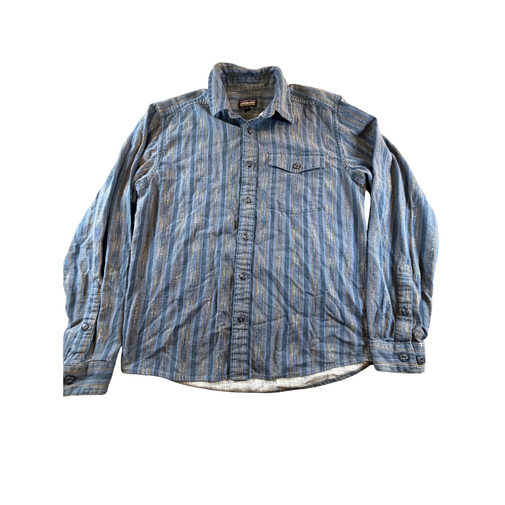 Patagonia Mens Small Blue Striped Organic Cotton Long Sleeve Button Down Shirt